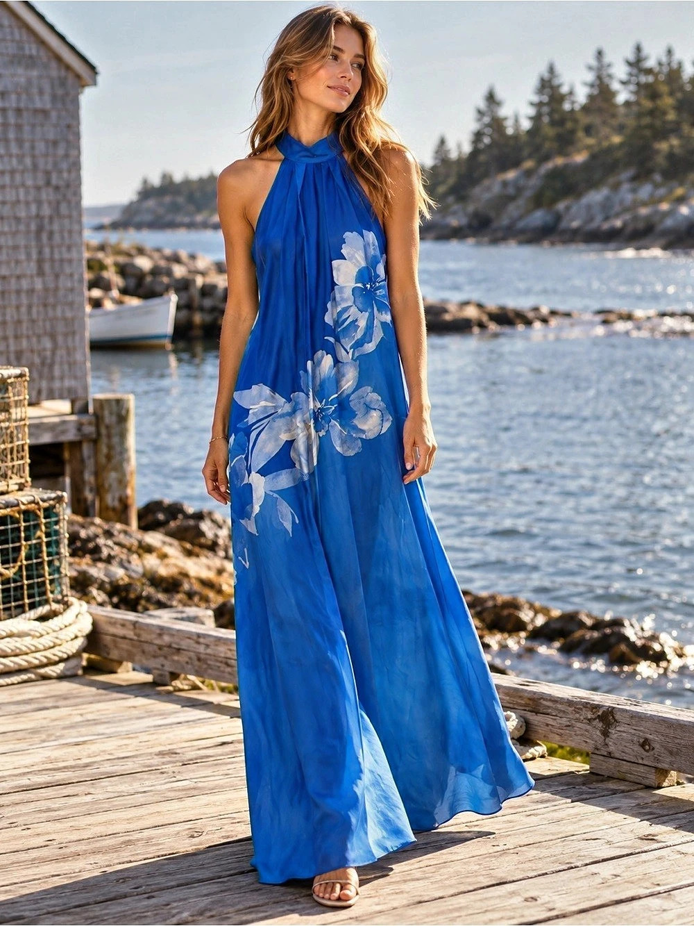 Kara Lagerfeld Blue Floral Halter Maxi Dress Size 10 NWT